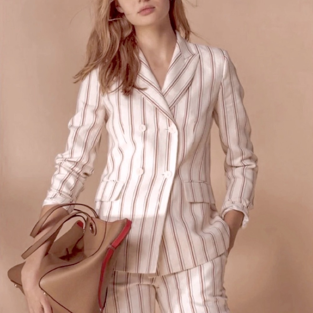 Sandro Striped Linen Cream & Red Suit Set Double Breasted Blazer & Pants